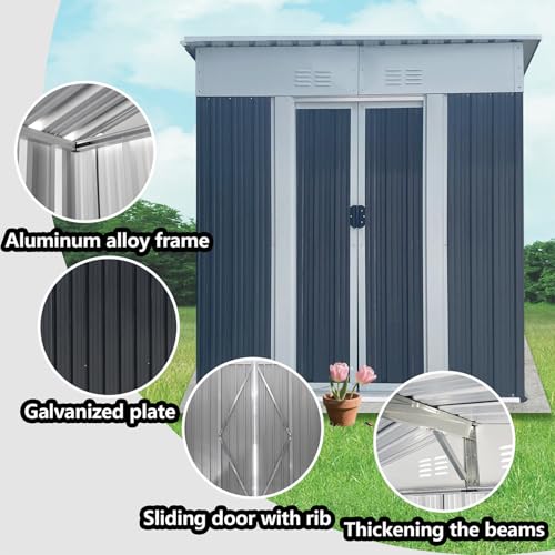 Aidek Outdoor Storage Shed, 5x3 FT Metal Garden Shed with Lockable Sliding Door & Vents, Tool House Waterproof Outside Storage Sheds for Garden Backyard Patio Lawn, Grey