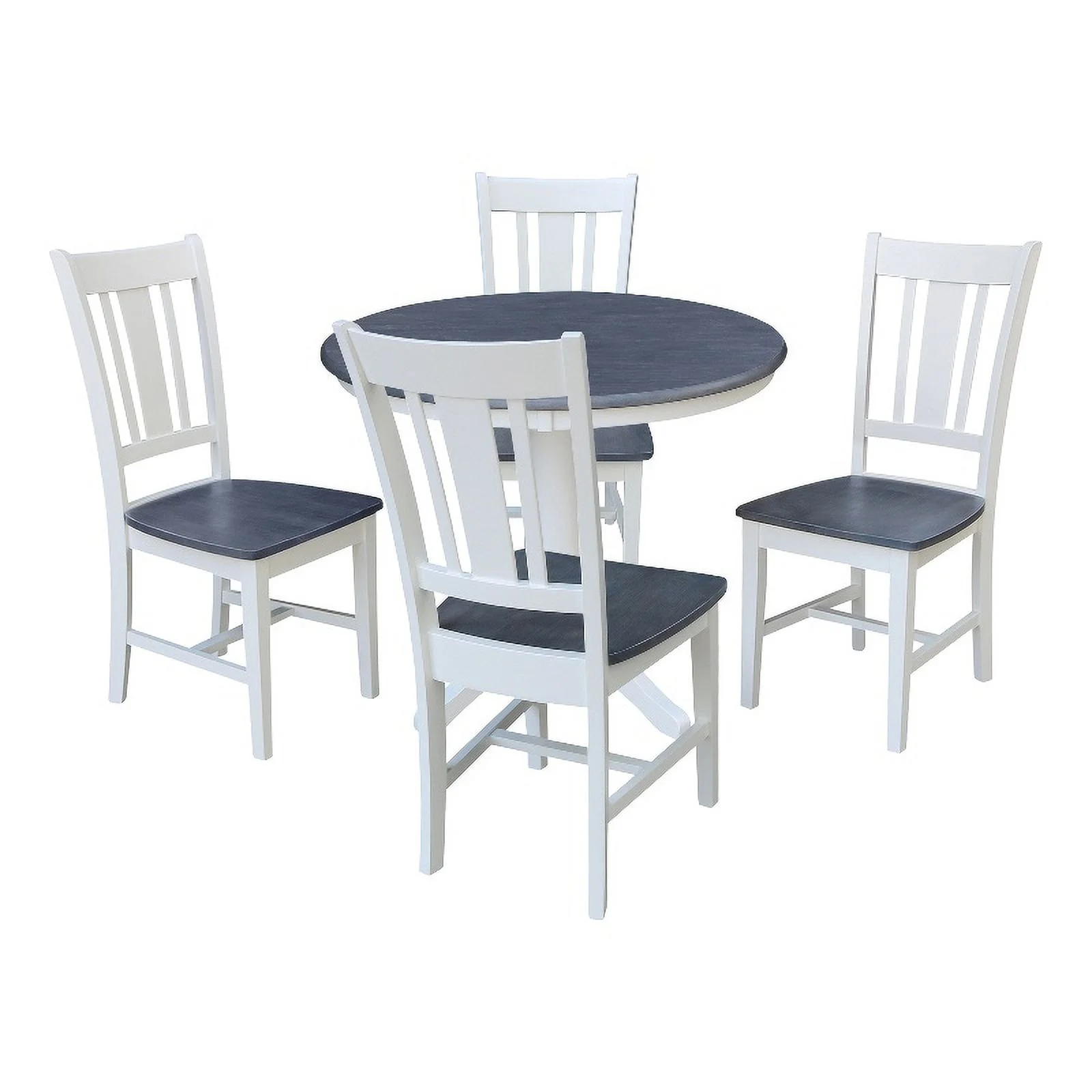 36 in Round Wood Pedestal Dining Table with 4 Chairs in White and Heather Gray