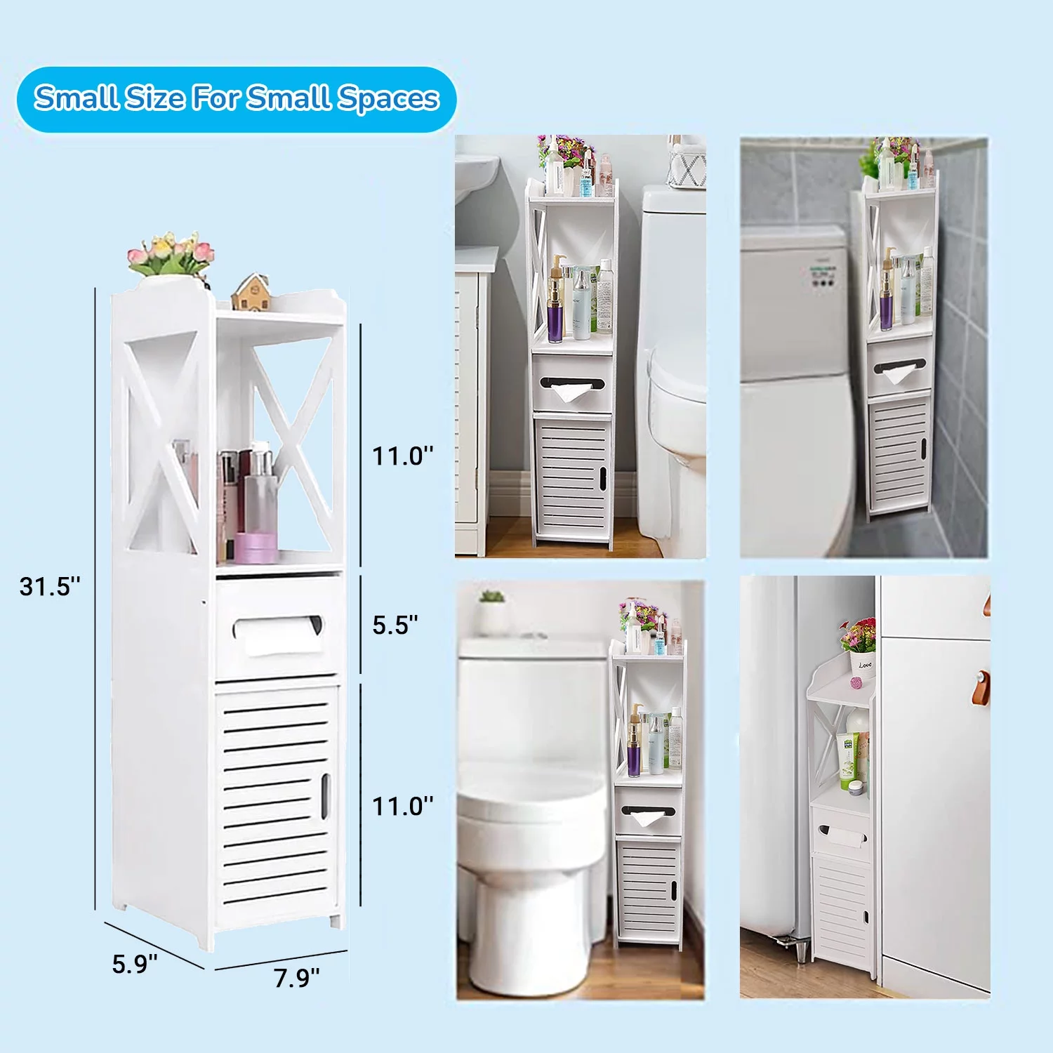 Homeika Bathroom Storage Cabinet Organizer with 1 Doors and 3 Shelves, 4 Tier Design Toilet Paper Storage Stand for Small Space and Corner, L8 x W6 x H31 Inch, White