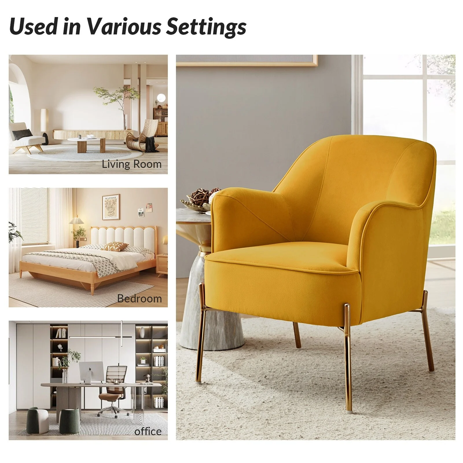 HULALA HOME Marina Modern Velvet Accent Chair with Golden  Legs Set of 2 by  MUSTARD