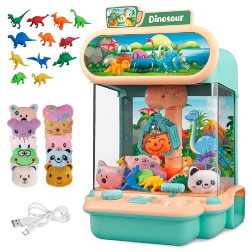 Claw Machine for Kids,Mini Dinosaur Vending Machines Candy Grabber Prize Dispenser Pink Toys for Boy Girl,Electronic Arcade Game with 10 Mini Plush Toys and 12 Dinosaur Toys for Easter Birthday Gifts