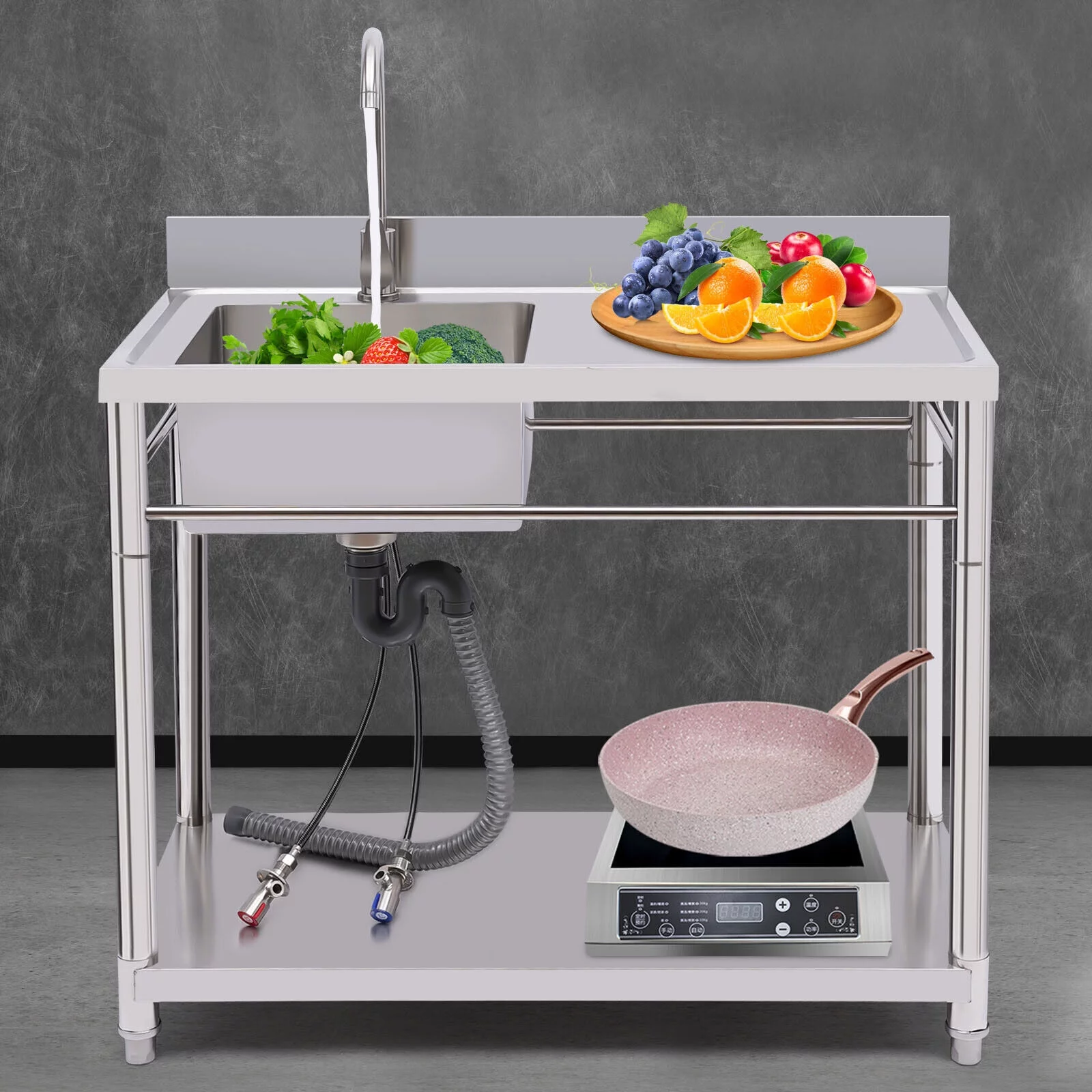 Kitchen Stainless Steel Utility Sink Prep Table 1 Compartment Commercial Sink