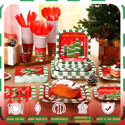 350 Pcs Paper Plates and Napkins Set Disposable Dinnerware Party Supplies Tableware Serve 50 Guest Cups Knife Forks Spoon(Red, Green,Christmas Tree)