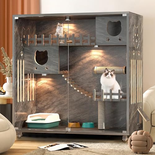 Enclosed Cat Condo, Large Space Cat Cage with Scratching Post, Wooden Indoor/Outdoor Cat Enclosure, Multi-Feature Cat Houses Ventilation Glass Doors, 50