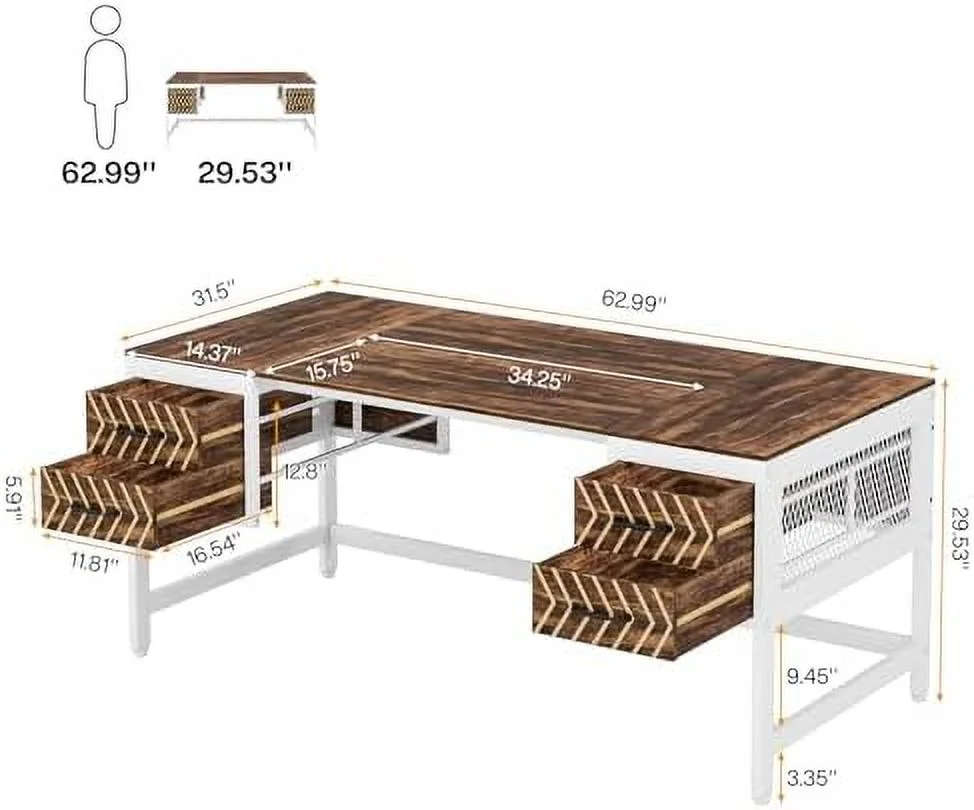 NLIBOOMLife Home Office Desk with Drawers  63" Computer Executive Desk with 4  Drawers  Wood Farmhouse Study Writing Table  Herringbone Business  for Home Office