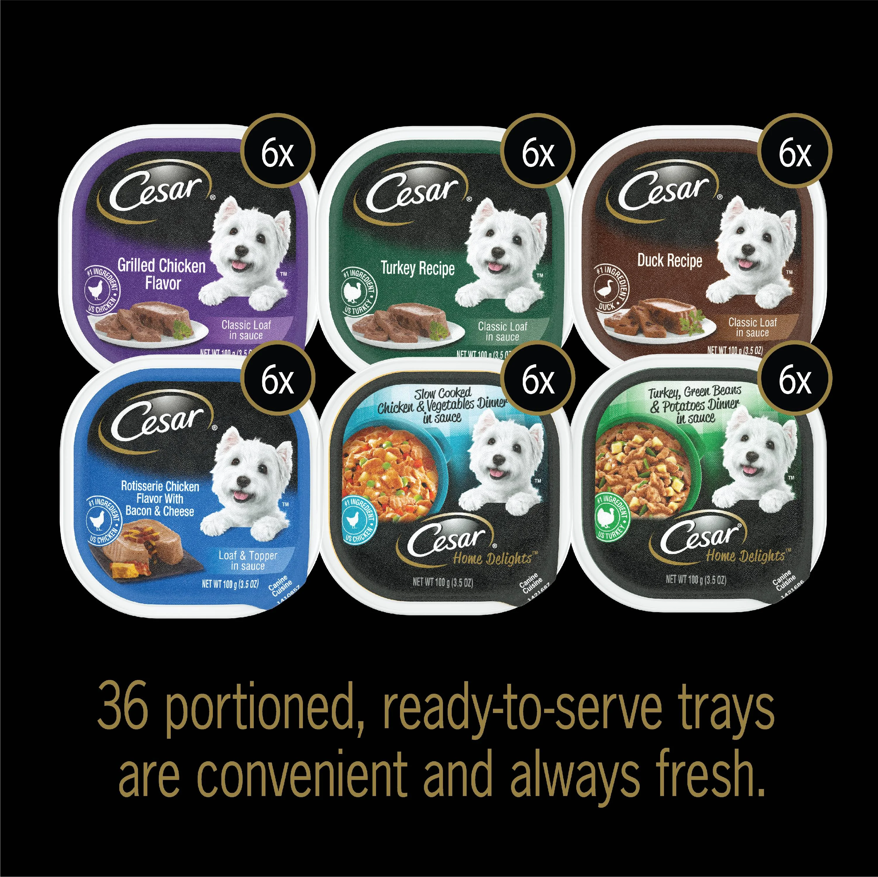 CESAR Poultry Lover's Variety Pack Wet Dog Food, 3.5 oz Tray Real Chicken, Turkey or Duck (36 Pack)