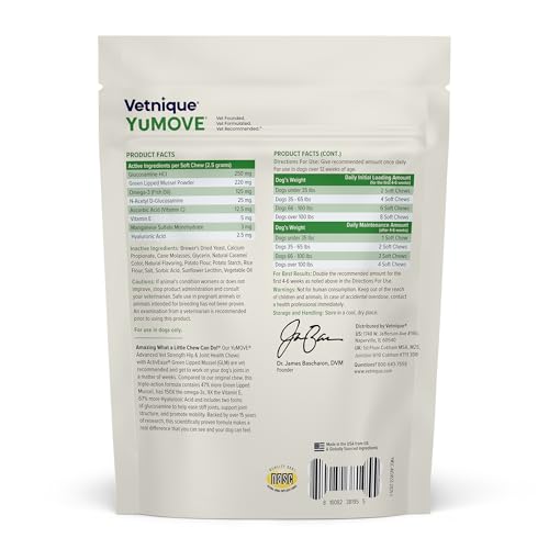 YuMOVE Hip & Joint Supplement for Dogs with Glucosamine, Hyaluronic Acid, Green Lipped Mussel & Omega 3 Joint Supplement - Regular or Advanced Strength (45ct, Advanced Vet Strength Soft Chews)