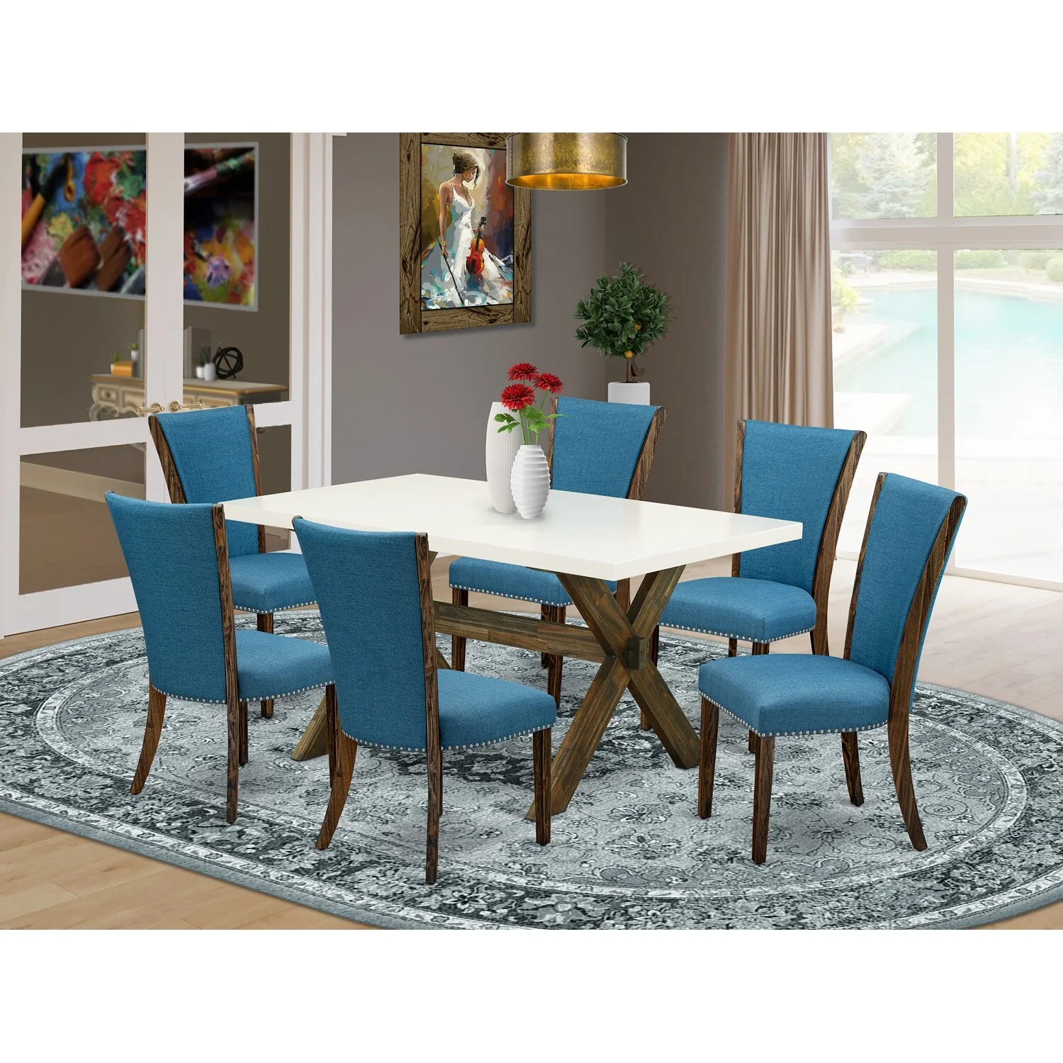 East West Furniture X726VE721-7 7Pc Dinette Sets for Small Spaces Consists of a Wood Table and 6 Parsons Dining Chairs with Blue Color Linen Fabric, Distressed Jacobean and Linen White Finish