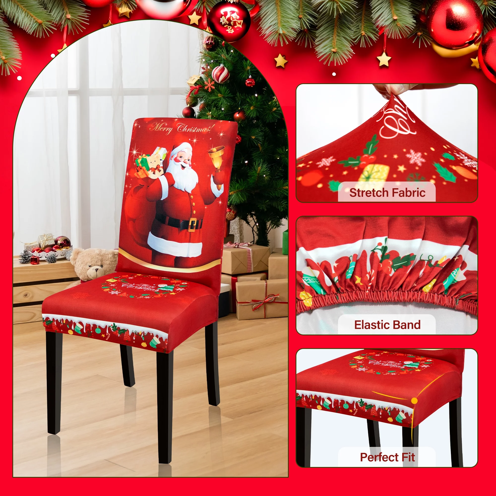 Stretch Christmas Chair Covers Set of 4, Elastic Dining Chair Slipcover, Santa & Elk, Home Kitchen Party Decor Seat Back Cover Protector (4 Pack, Red)