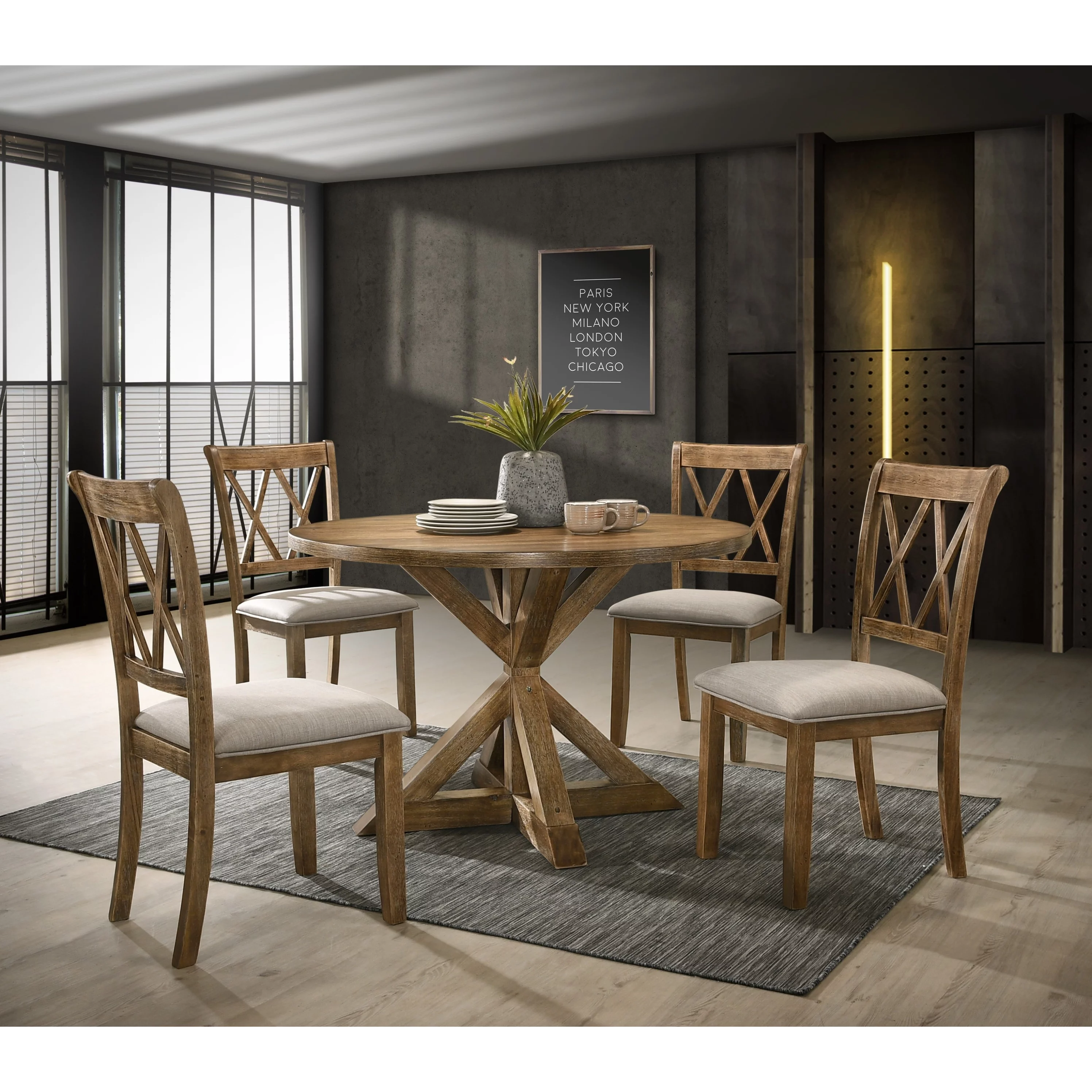 Roundhill Furniture Windvale Cross-Buck Wood 5-Piece Dining Set in Tan