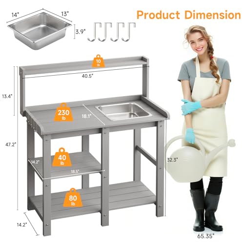 Potting Bench, Outdoor Potting Bench Table with Removable Sink, HDPS Potting Benches for Outside, Garden Table with Storage Shelves & 4 Side Hooks, No Rot, No Fade, No Break, 360lbs Capacity