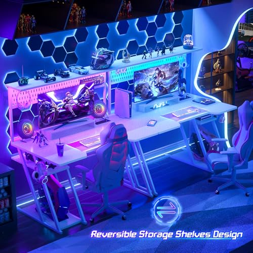 Armocity Gaming Computer Desk with Shelves and Outlets, Gaming Desk with Hutch and LED Lights, Reversible PC Gaming Desks with Pegboard, Carbon Fiber Black 47''