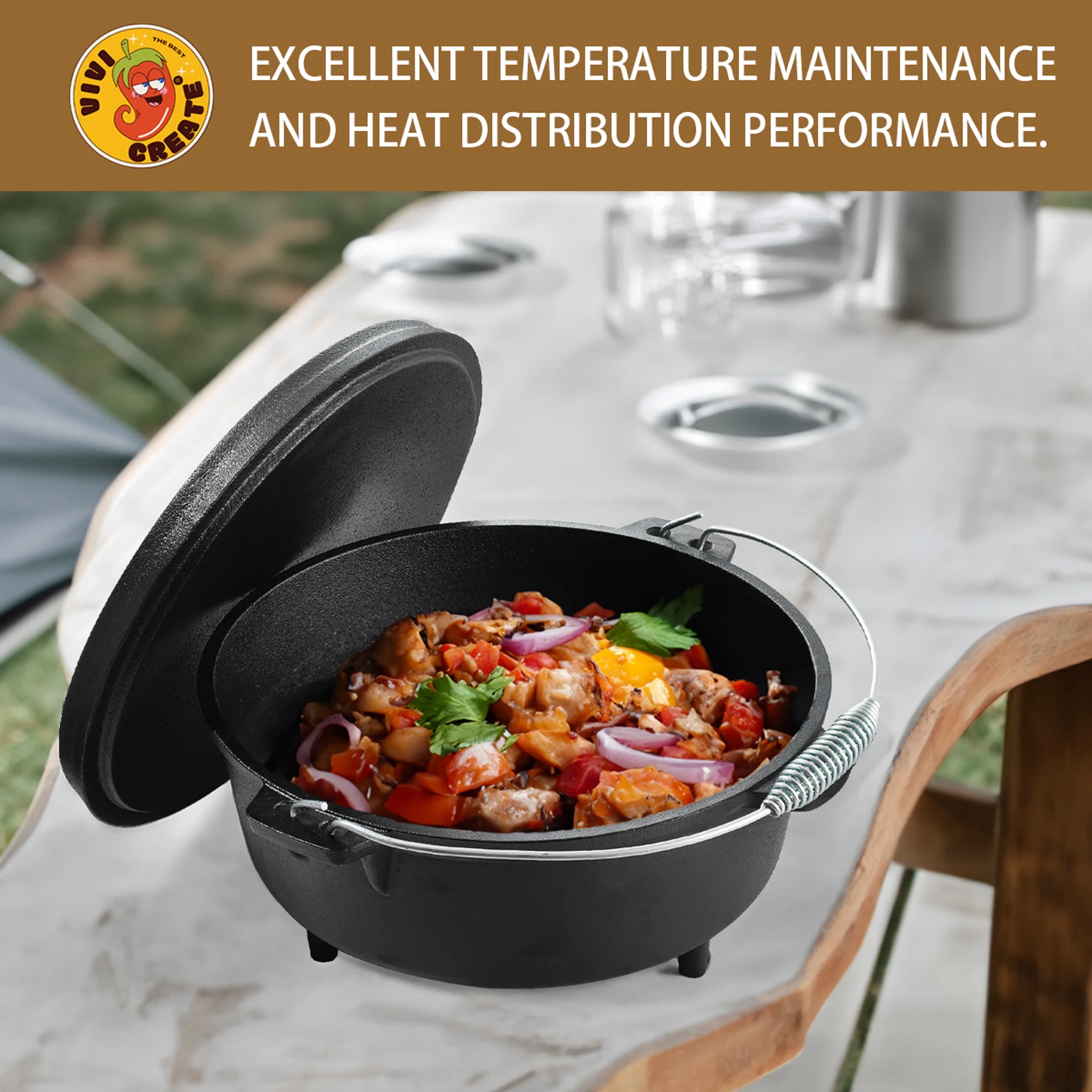 Vivicreate Cast Iron Dutch Oven, Pre-Seasoned, 9-Quart, Camping Cookware, with Metal Handle, for Outdoor Cooking and Oven, Black