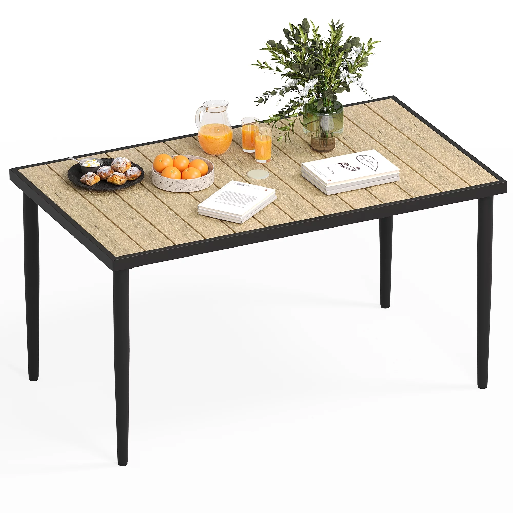 DWVO 70in Outdoor Rectangular Dining Table, Patio Table with Umbrella Hole - Black & Nature Wood