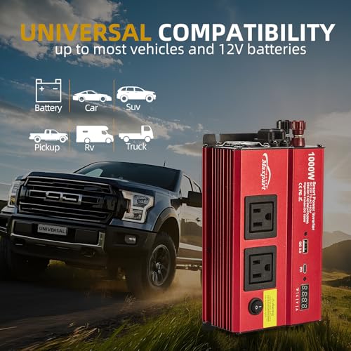 TWING Car 1000w Inverter,12v DC to 110v Power Inverters for Vehicles 1000 watt with Dual AC Outlets 3.0A USB and Type-C,12 Volt Inverter Car Cigarette Lighter Battery