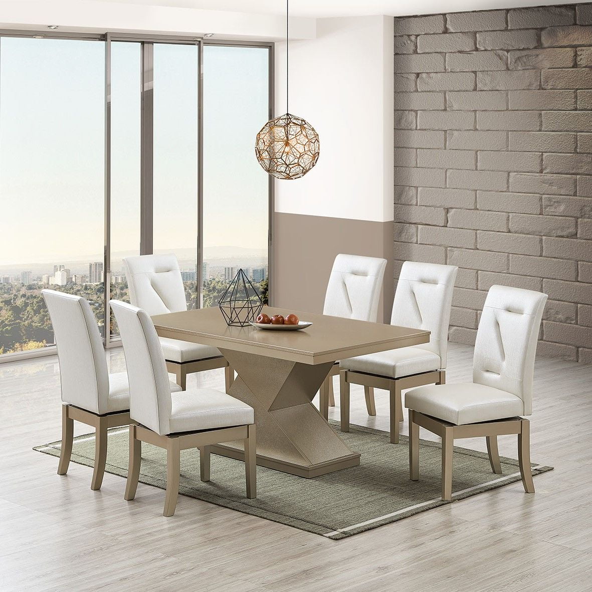 Legault Swivel Dining Side Chairs, White Vinyl & Gold Wood (Set of 2)