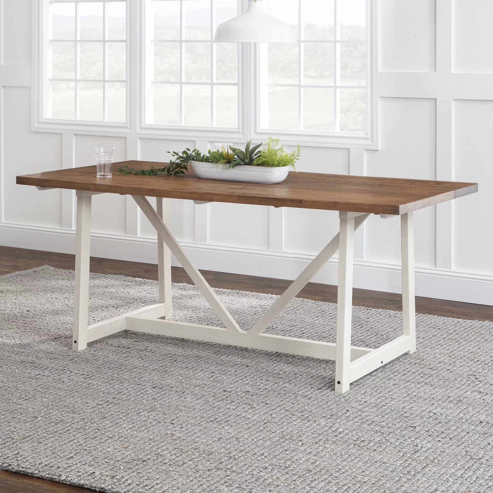 Walker Edison Modern Solid Wood Trestle Dining Table, Rustic Oak/White