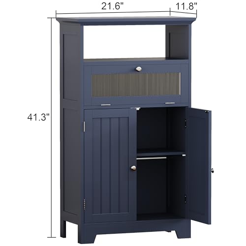 ChooChoo Bathroom Floor Storage Cabinet with Flip Glass Drawer, Freestanding with 2 Doors, Adjustable Shelf & 1 Open Storage for Living Room, Hallway, Navy Blue