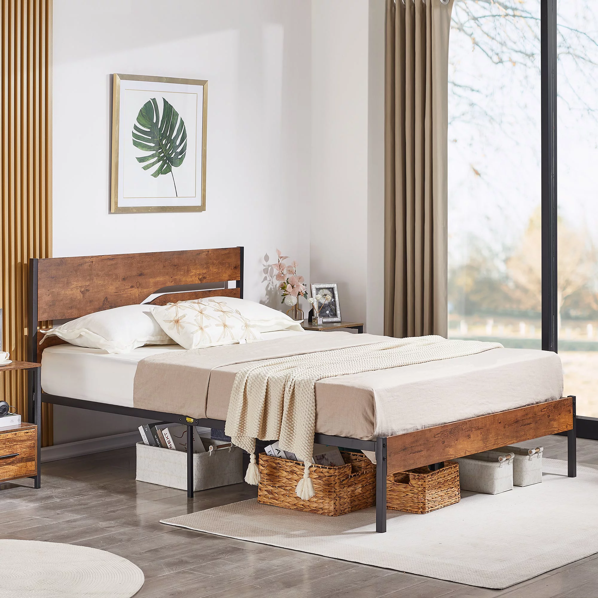 VECELO 3-Piece Bedroom Set Full Bed Frame and 2 Brown Nightstands