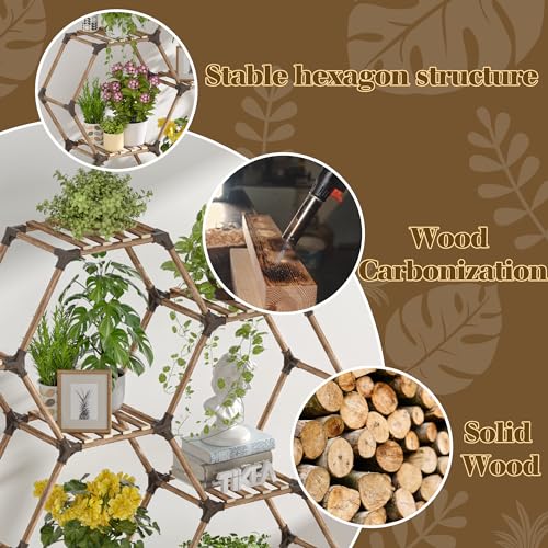 Tikea Plant Stand Indoor Hexagonal Plant Stand for Multiple Plants Indoor Outdoor Large Wooden Plant Shelf Creative DIY 6 Tiered Flowers Stand Rack for Living Room Balcony Patio Window