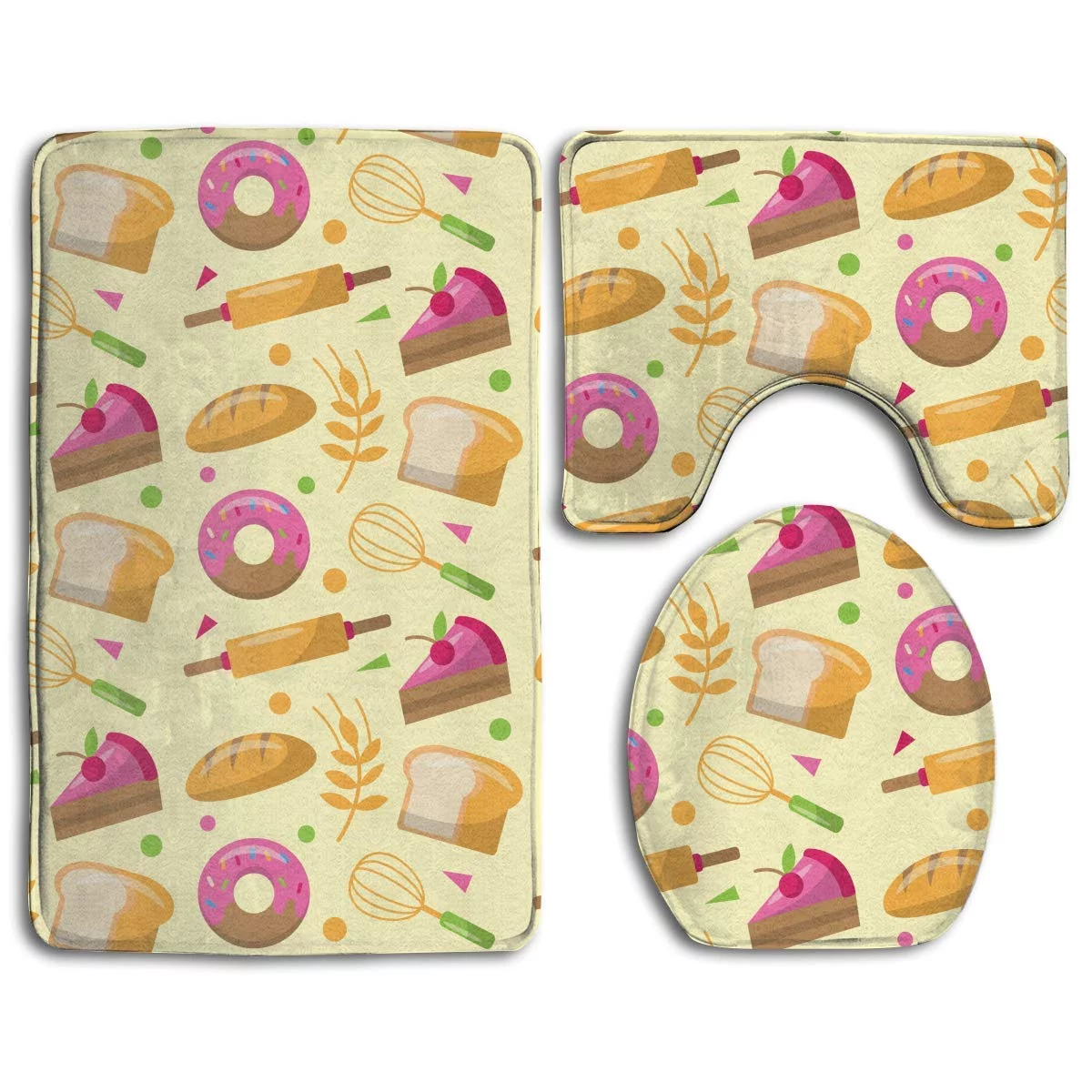 GOHAO Bakery Element Microfiber 3 Piece Bathroom Rugs Set Bath Rug Contour Mat and Toilet Lid Cover