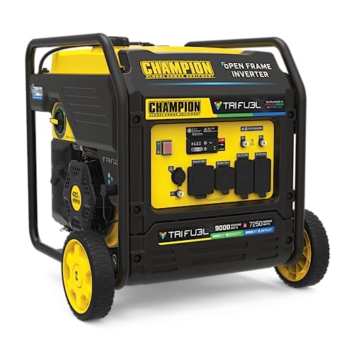 Champion Power Equipment 9000-Watt Electric Start Tri Fuel Home Backup Portable Open Frame Inverter Generator with Quiet Technology and CO Shield