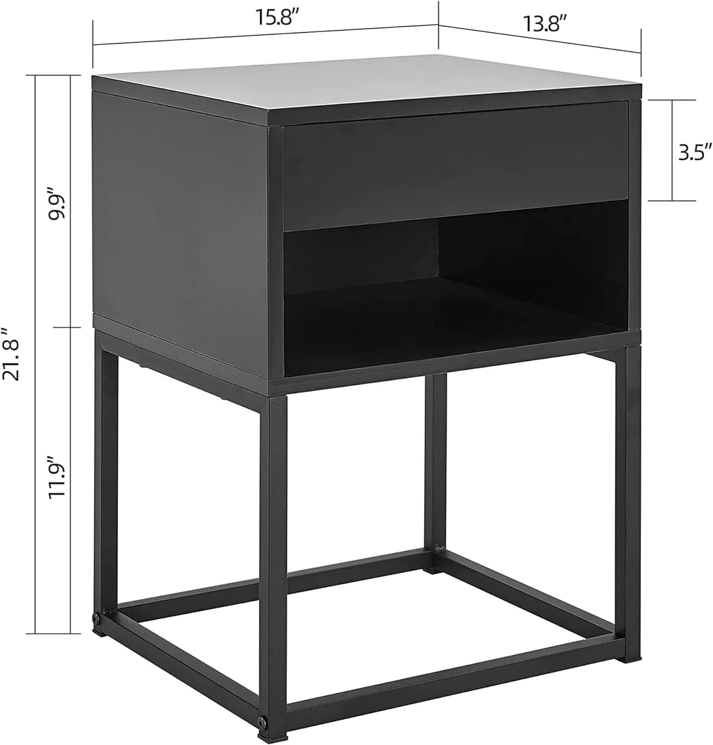 Inch Tall Simple Rectangular End Table Nightstand With Flat Top, Pull Out Drawer, And Open Shelving, Metal Leg Design, Black
