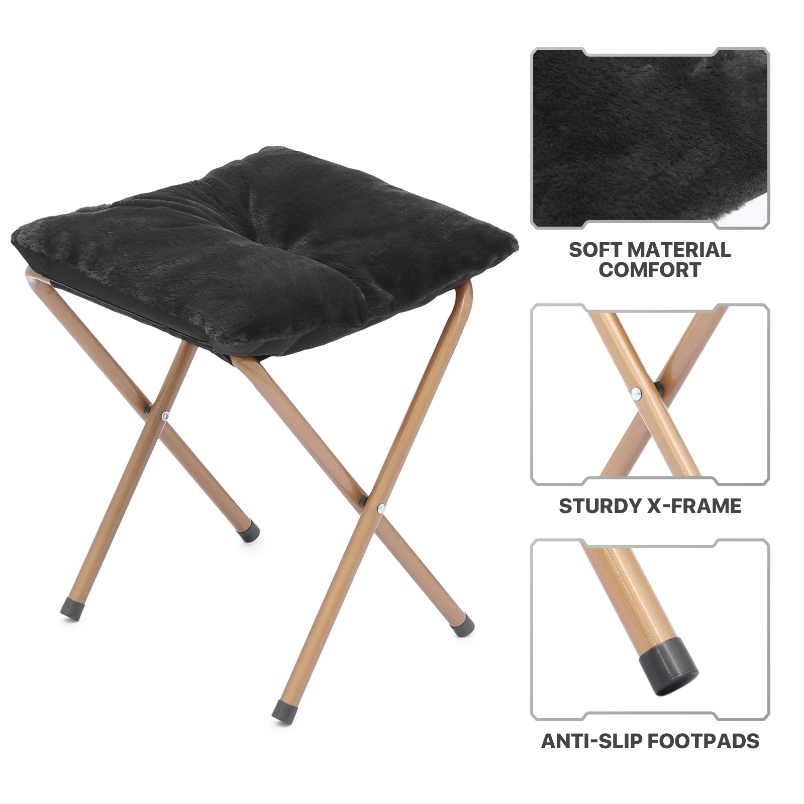 MoNiBloom Set of 2 Saucer Chair with Ottoman, Faux Fur Folding Chair and Footrest Set with Metal Frame, Foldable Lounge Chair and Foot Stool Set, Black