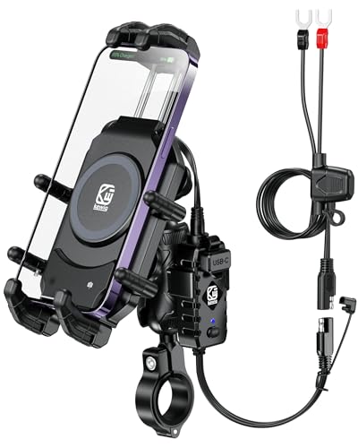 BRCOVAN Motorcycle Phone Mount with Qi 15W Wireless Charger & 30W PD/USB-C Fast Charging Port, Anti-Theft Motorcycle Handlebar Cell Phone Holder with Vibration Dampener for 5.4''-7.2'' Smartphones