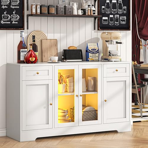 LED Coffee Bar Cabinet with Storage, 55'' Large Sideboard Buffet Cabinet, Wood Coffee Bar Buffet Table with 4 Doors and Charging Station, Modern LED Lights Sideboard for Kitchen, Dining Room
