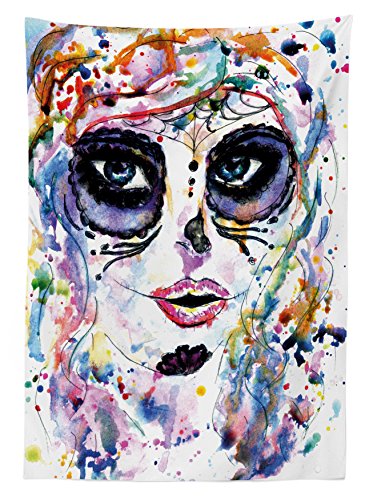 Ambesonne Sugar Skull Outdoor Tablecloth, Halloween Girl with Sugar Skull Makeup Watercolor Painting Style Creepy Look, Decorative Washable Picnic Table Cloth, 58