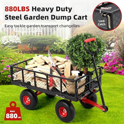 880 lb 10-inch tire steel garden cart with 4-side removable mesh and 180° swivel handle, heavy-duty utility garden carts and wagons, heavy-duty patio dump cart utility wagon, metal push trolley, for l