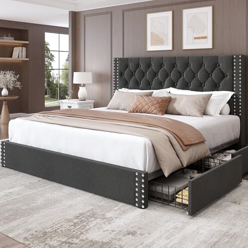 King Size Bed Frame with 4 Storage Drawers and Tufted Headboard Linen Upholstered Platform Bed Frame with Heavy Duty Wood Slats, No Box Spring Needed, Easy Assembly, Beige