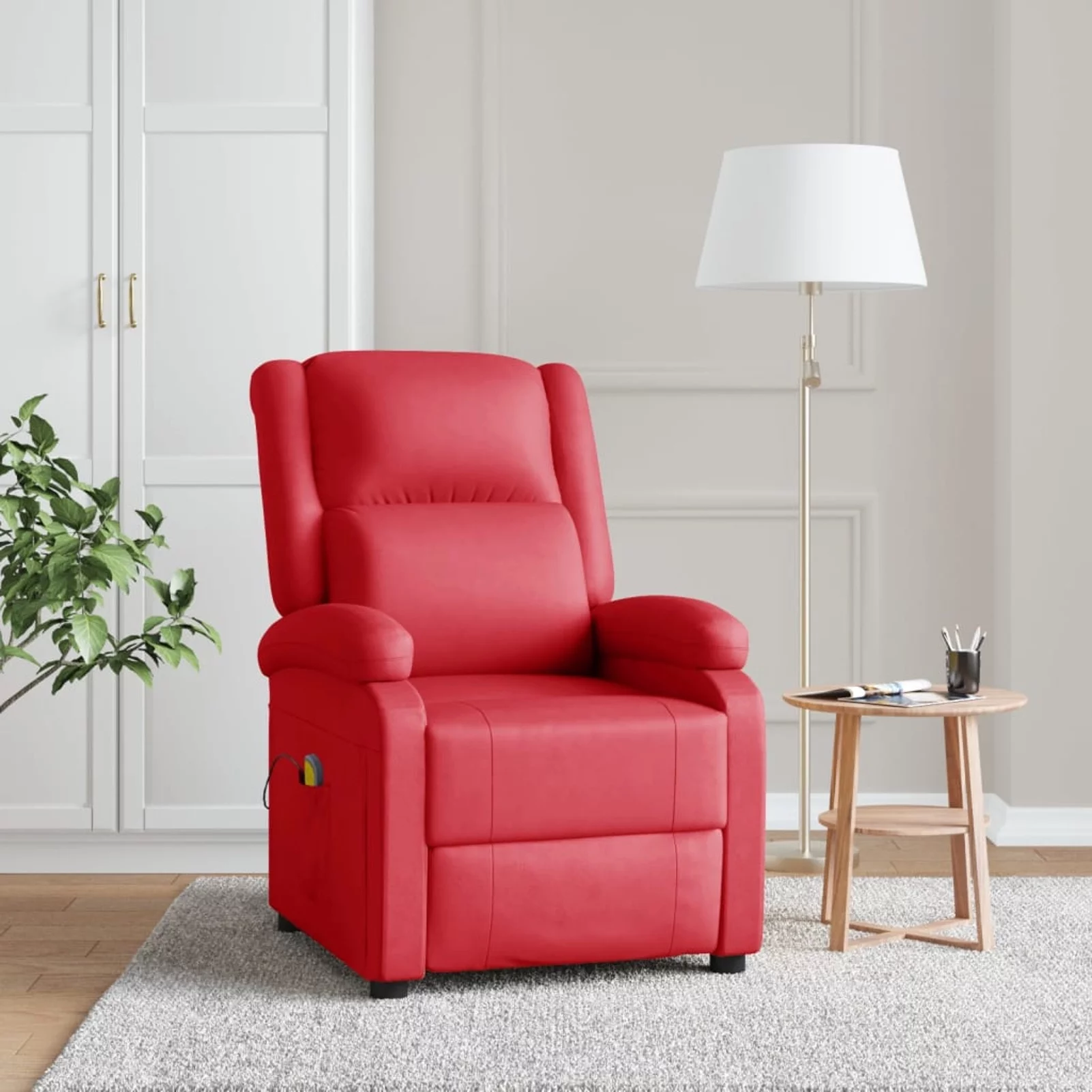 moobody Massage Reclining Chair with Extended Footrest and Side Pocket Faux Leather Sofa Chair Recliner Red for Elderly, Living Room 28in x 38.6in x 37.4in
