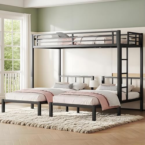 Twin Triple Bunk Bed, Heavy Duty Metal Bunk Bed with Guardrails, Ladder, Detachable Into 3 Twin Beds for Kids, Teens and Adults, Space-Saving Design, No Box Spring Needed, Black