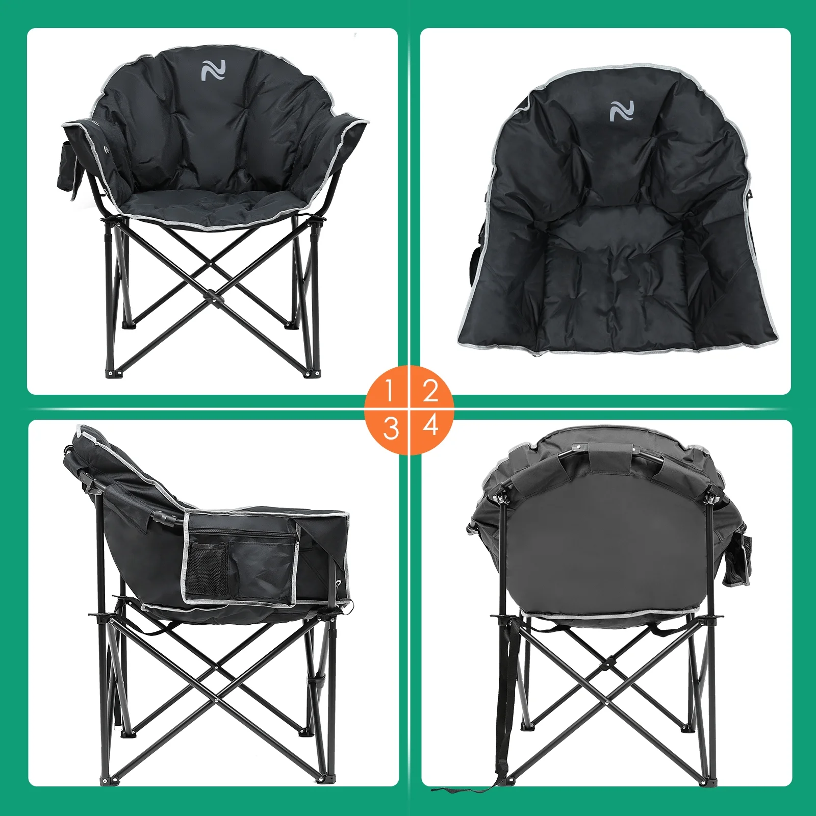 Slsy Oversized Camping Chair, Folding Moon Saucer Chair for Adults, Heavy Duty Folding Chair with Cup Holder & Carry Bag, Supports 500LBS