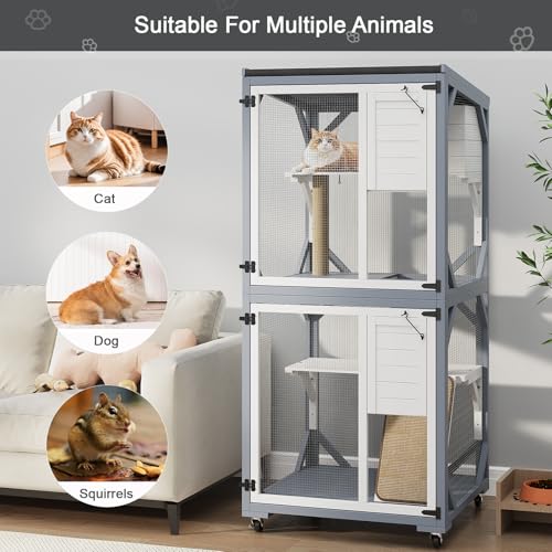 Outdoor Cat Enclosures on Wheels, 2-Tier Roof Waterproofing Catio House with Scratching Post, Scratching Board, 70.9 Inch Height for Indoor/Outdoor Use - Gray and White