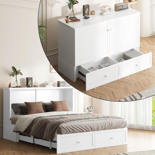 Murphy Bed, Cabinet Bed Queen Size with Tri-Folding Mattress, Hidden Guest Wall Beds, Cabinet Murphy Chest Beds with USB Charging Station, Storage Drawer for Living Room, Bedroom - White
