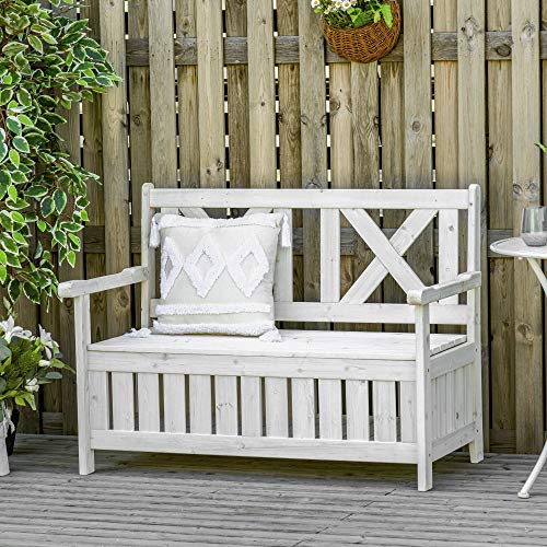 Outsunny Patio Wooden Bench with Storage Box, 29 Gallon Outdoor Storage Bench, Large Entryway Deck Box w/Unique X-Shape Back, for Deck, Porch & Balcony, Yellow