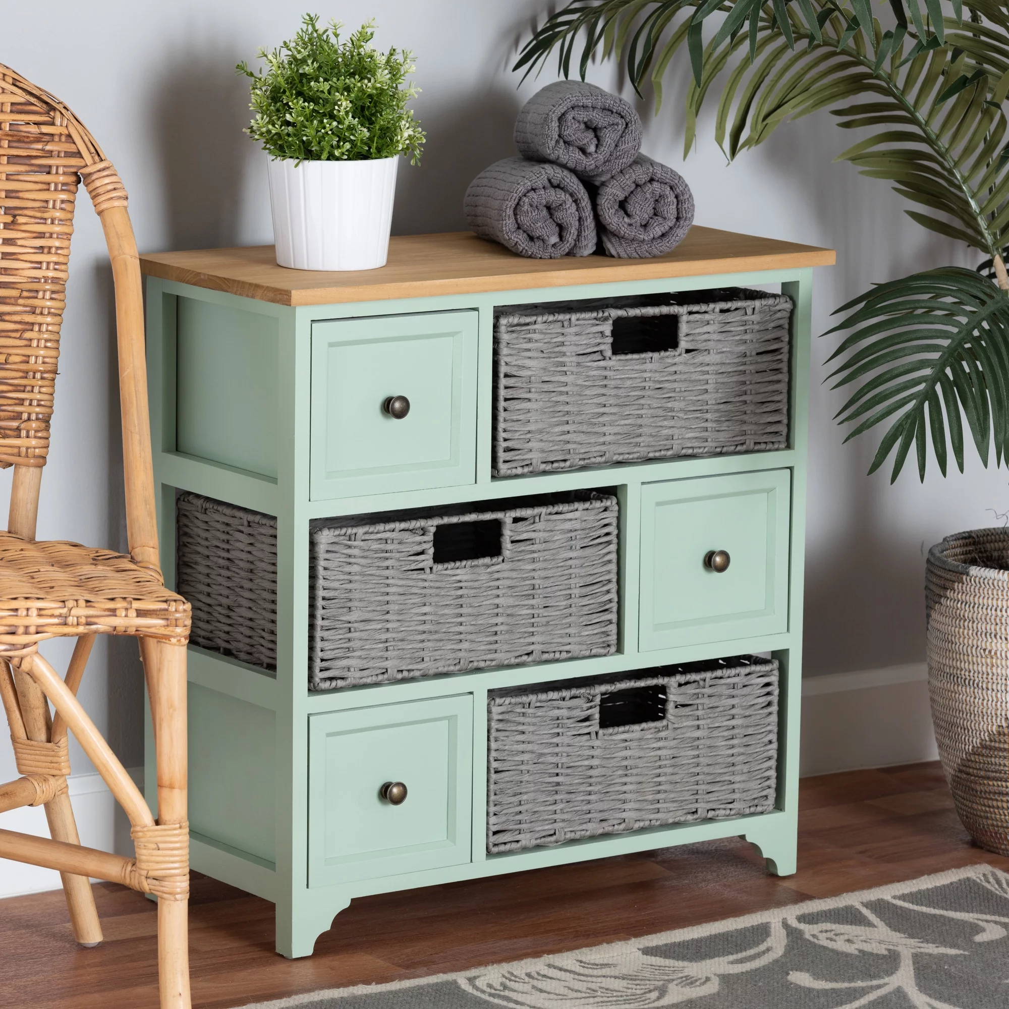 Baxton Studio Valtina Modern and Contemporary Two-Tone Oak Brown and Mint Green Finished Wood 3-Drawer Storage Unit with Baskets