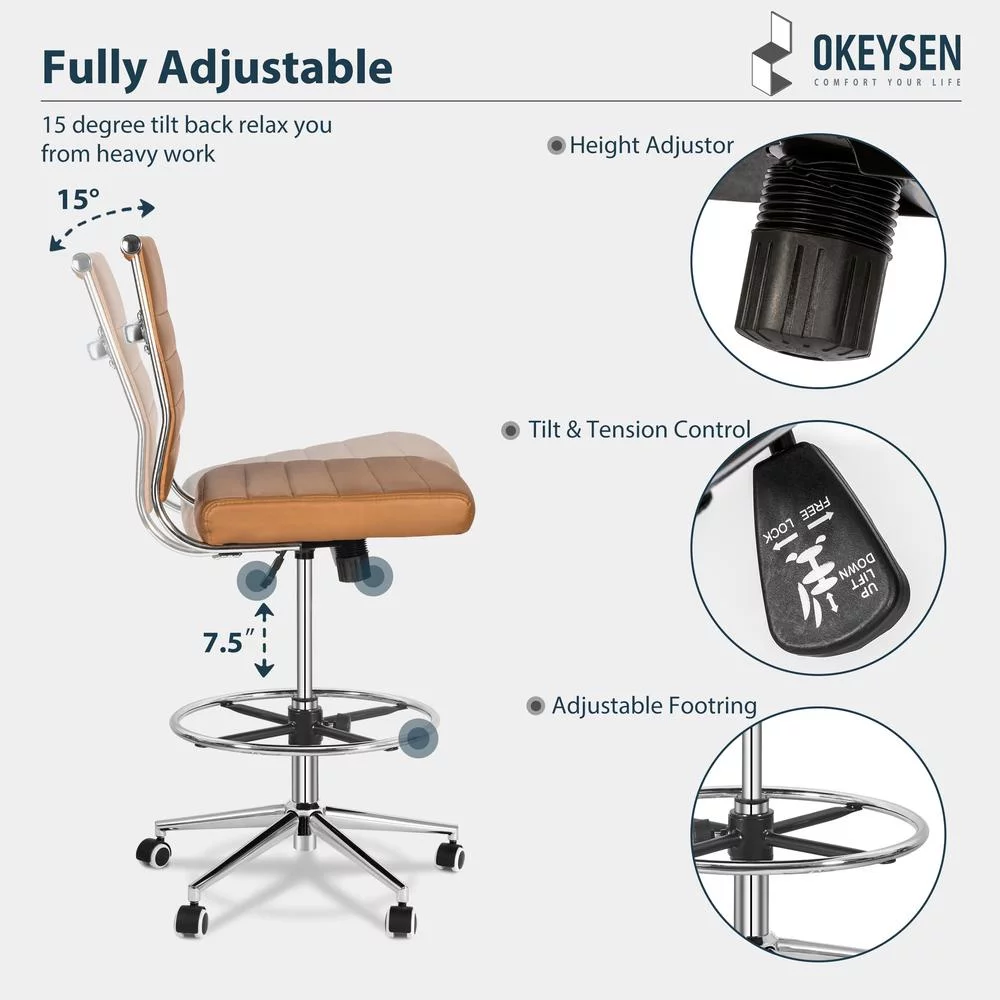 Okeysen Armless Desk Stool Drafting Chair Ergonomic Leather Office Chair Modern Standing Desk Chair with Adjustable Foot Ring, Ribbed Mid Back & Swivel Rolling, Brown