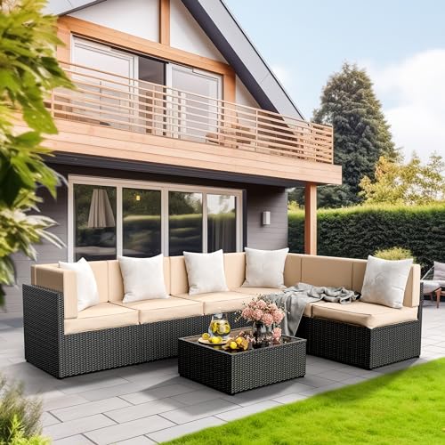 Pamapic Patio Furniture Set, 7 Pieces Modular Outdoor Sectional,Wicker Patio Sectional Sofa Conversation Set, Rattan Sofa with Coffee Table and Washable Cushions Covers, Grey Rattan(Grey Cushions)