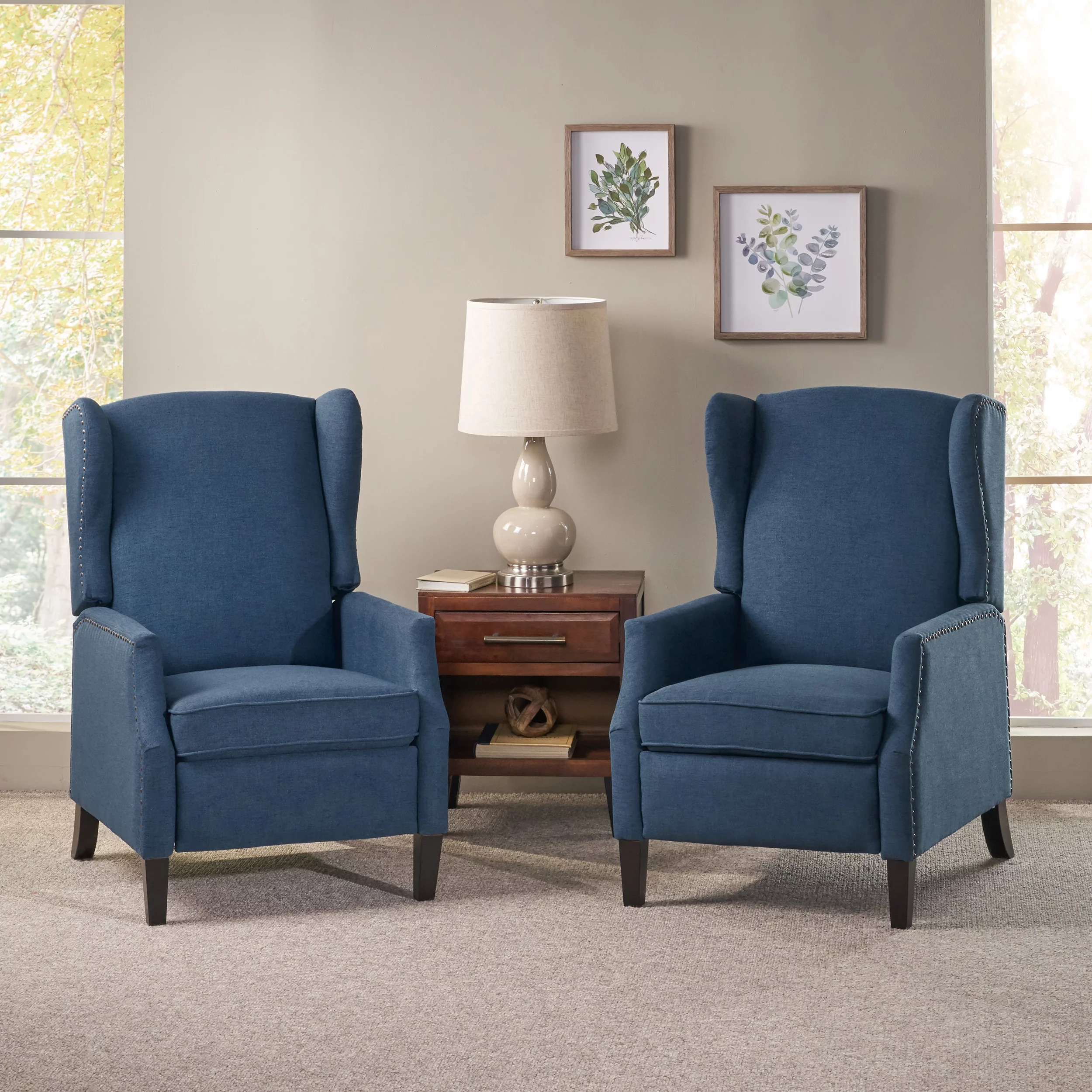 GDF Studio Weyland Contemporary Fabric Pushback Recliner, Set of 2, Navy Blue and Dark Brown
