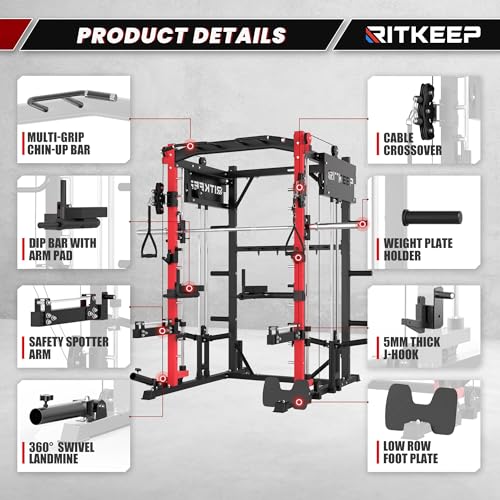 Smith Machine with Jammer Arms & Leg Press with Adjustable Dual Pulley Ratio (1:1 & 2:1), PMAX-4750 All-in-One Commercial & Home Gym Equipment, Heavy-Duty Steel Frame by RitKeep