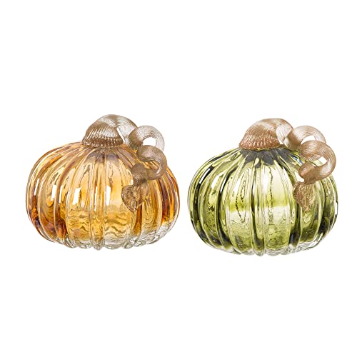 Glitzhome Set of 3 Multi Striped Glass Pumpkins, Artificial Glass Gourd Table Accent Fall Ornaments Thanksgiving Halloween Festival Decorations