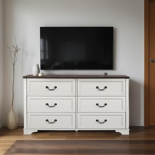 Farmhouse 6 Drawer Dresser, Wood Wide Tall Chest Dresser for Bedroom, Vintage Style Large Storage Dressers Chests of 6 Drawers with Deep Drawers and Metal Handle