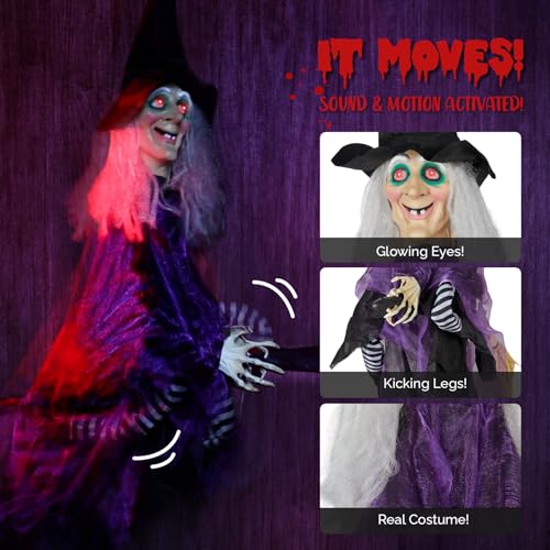 VINGLI Halloween Decor Animatronics Talking Outdoor Decorations with Voice Control Light Up Eyes Kick Legs for Indoor Party Prop and Outdoor Lawn Patio Yard Decor House Garden, 3FT Hanging Witch