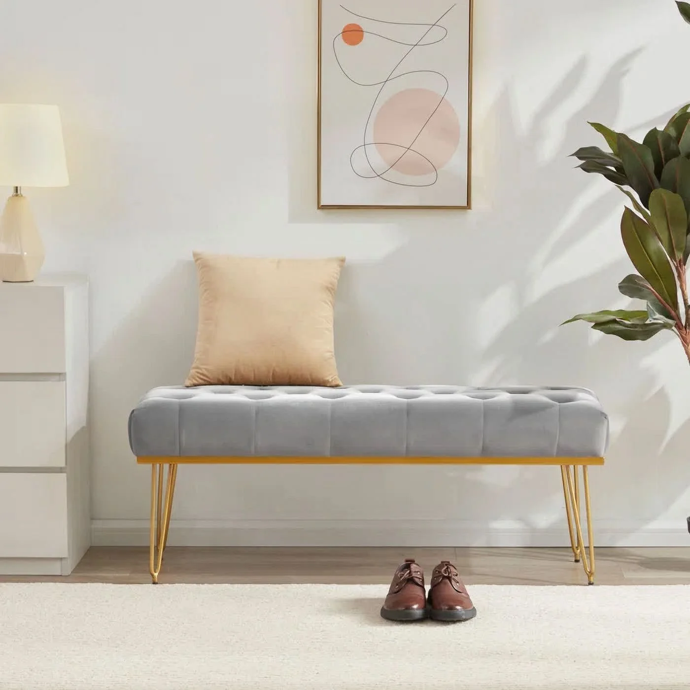 Rectangular Velvet Ottoman with Metal Base, Gray and Golden, Luxury Home Furniture