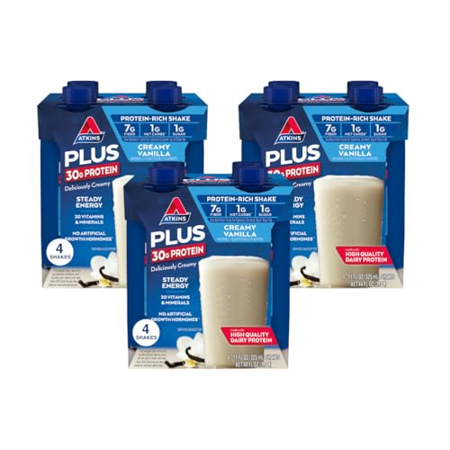 Atkins Creamy Milk Chocolate PLUS Protein Shake, 30g Protein, 7g Fiber, 2g Net Carb, 1g Sugar, Keto Friendly, Low Carb, High Protein Drink, 12 Count