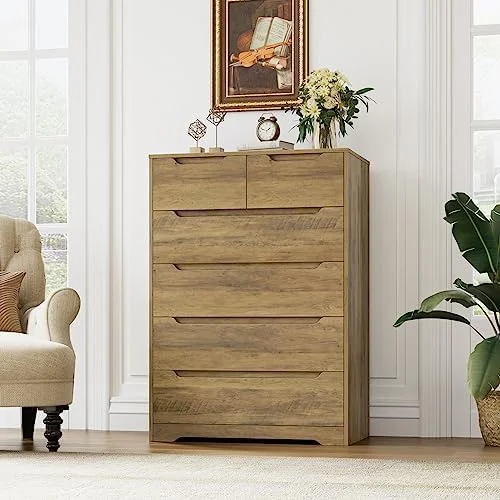 GEROBOOM Modern 6 Drawer Dresser  Tall Chest of Drawers with   Large Wood  Chest Organizers with Cut-Out Handles  Accent  Cabinet for Living Room  Entryway  Hallway  Classic White
